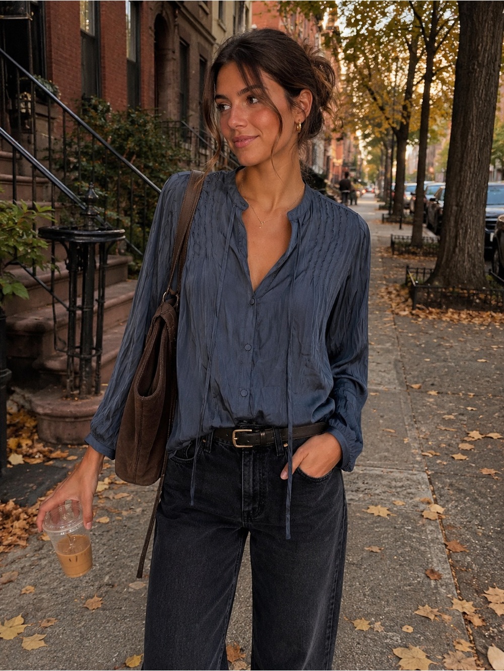 J. Crew Slate-Blue Pintuck Tie-Neck Blouse
